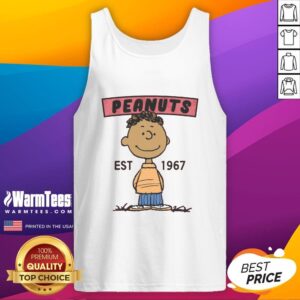 Alt Text: Cute Peanuts Franklin tank top established 1967, featuring colorful graphics of Franklin from the Peanuts comic strip.
