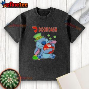 Cute Stitch hugging DoorDash logo on a St. Patrick's Day washed t-shirt, perfect for festive celebrations.