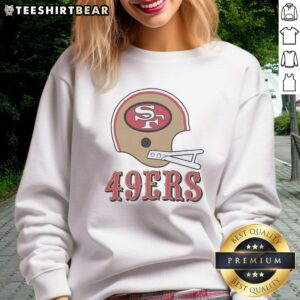 Alt Text: Stylish San Francisco 49ers sweatshirt featuring a large football logo on a big helmet design, perfect for fans.
