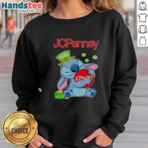 Cute Stitch hugging JCPenney logo on a St. Patrick's Day sweatshirt design, perfect for festive celebrations.