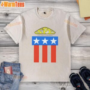 Top-Spe Speed Products Engineering logo on a washed t-shirt, showcasing a stylish and casual design for enthusiasts.