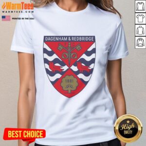 Alt Text: Good Dagenham and Redbridge FC logo on a ladies tee, showcasing the team's vibrant colors and iconic design.
