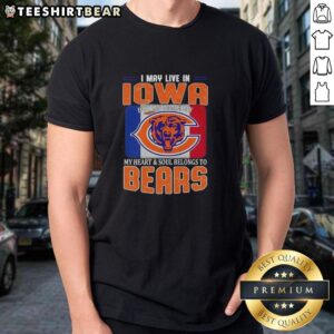 Alt Text: Chicago Bears football flag t-shirt with 'I May Live In Iowa But My Heart Belongs To Chicago Bears' slogan.