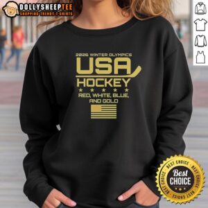 Awesome USA Hockey 2026 Winter Olympics sweatshirt in red, white, blue, and gold showcasing patriotic spirit.