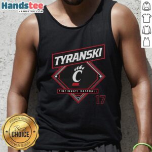 Ryan Tyranski wearing a Cincinnati Bearcats baseball tank top, showcasing team spirit and athletic style.