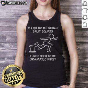 Person in a tank top humorously preparing for Bulgarian split squats, showcasing fitness and drama in workout attire.