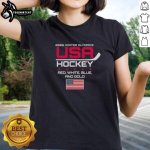 Alt Text: Premium red, white, blue, and gold USA Hockey 2026 Winter Olympics ladies tee, perfect for fans and athletes.