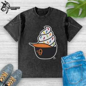Premium Baltimore Orioles ice cream washed t-shirt featuring vibrant team colors and logo, perfect for fans and casual wear.