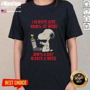 Alt Text: Funny Snoopy tee shirt featuring 'I always give 100% at work, 20 a day, 5 days a week' for women.