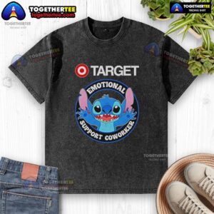 Happy Stitch emotional support coworker washed t-shirt available at Target, featuring a cheerful design for comfort.