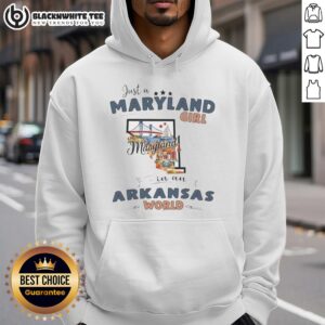 Alt Text: Maryland girl wearing an Arkansas world map hoodie, showcasing unique state pride and style.