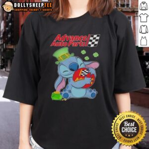 Alt Text: Top Stitch Hug Advance Auto Parts Logo on a St. Patrick's Day Ladies Tee, showcasing festive design and style.