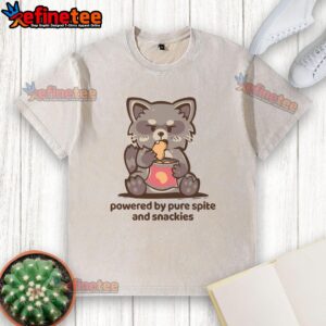Official Powered By Pure Spite and Snackies washed t-shirt in vintage style, perfect for casual wear and snack lovers.