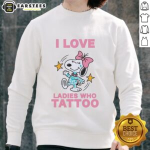 Original Snoopy wearing a pink bow on 'I Love Ladies Who Tattoo' sweatshirt, perfect for tattoo lovers.
