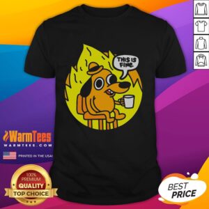 Alt Text: Funny This Is Fine meme T-shirt featuring a cartoon dog calmly sitting in a room on fire, perfect for humor lovers.