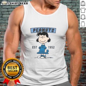 Alt Text: Pretty Peanuts Lucy Smile tank top, established 1952, featuring a vibrant graphic of Lucy from Peanuts cartoon.