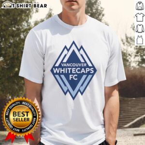 Alt Text: Awesome Vancouver Whitecaps FC primary logo t-shirt featuring bold team colors and design for soccer fans.