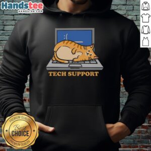 Adorable cat wearing a hoodie with tech support graphics, perfect for tech enthusiasts and cat lovers alike.