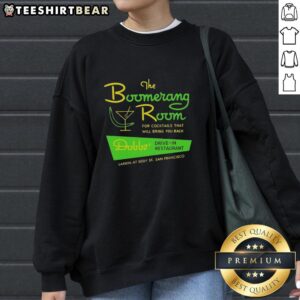 Alt Text: Vintage sweatshirt featuring the logo of the Boomerang Room and Dobbs Drive-In in San Francisco.