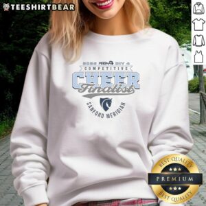 Good Sanford Meridian Mustangs 2026 MHSAA Cheer Division 4 Finalist sweatshirt featuring school colors and logo.
