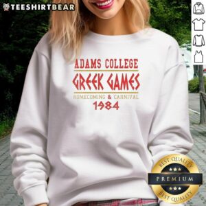 Nice Adams College Greek Games Homecoming and Carnival sweatshirt, celebrating traditions since 1984, vibrant design.