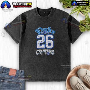 Nice Duke Blue Devils 2026 ACC Tournament Champions signatures phrase washed t-shirt in blue, showcasing team pride.