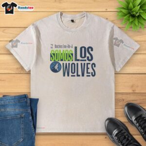 Alt Text: 2024 Minnesota Timberwolves washed t-shirt featuring 'Somos Los Wolves' design for NBA fans.