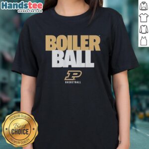 Alt Text: Official Purdue Boilermakers NCAA Basketball Ladies Tee featuring 'Boiler Ball' text stack design in team colors.