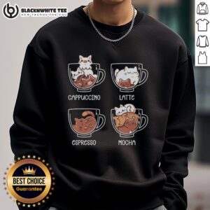 Cozy sweatshirt featuring a cute cat design and coffee guide, perfect for cat lovers and coffee enthusiasts.
