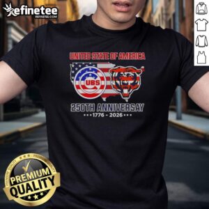 Premium Chicago sports teams USA 250th anniversary 1776-2026 map flag t-shirt featuring vibrant team logos and colors.