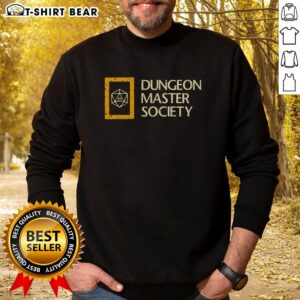 Cozy Top Dungeon Master Society sweatshirt featuring bold graphics, perfect for tabletop gaming enthusiasts.