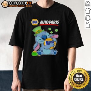 Awesome Stitch Hug Napa Auto Parts Logo St. Patrick's Day T-Shirt featuring a festive design and green colors.