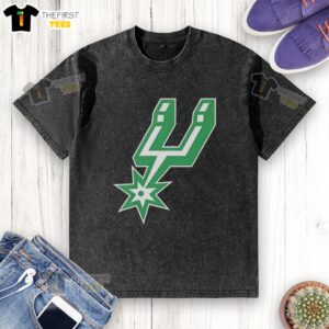 Alt Text: Original San Antonio Spurs white logo Patrick's Day washed t-shirt featuring a festive design for fans.