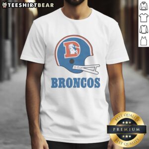 Alt Text: Awesome Denver Broncos football logo displayed on a big helmet t-shirt, perfect for fans and game day wear.