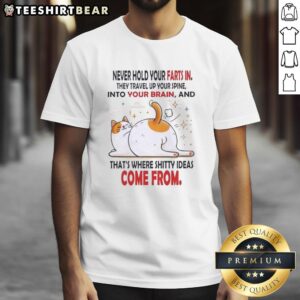 Alt Text: Funny 'Nice Cat Never Hold Your Farts In' T-Shirt design featuring a playful cat and humorous text.