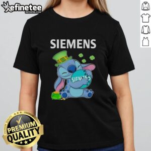 St. Patrick's Day ladies tee featuring a nice stitch hug design with Siemens logo, perfect for festive celebrations.