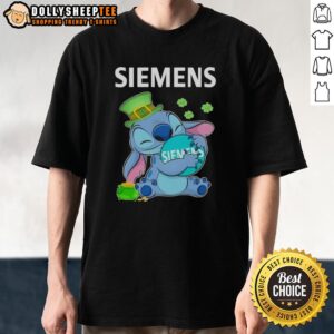 Awesome Stitch Hug Siemens Logo St. Patrick's Day T-Shirt featuring a fun green design and festive graphics.