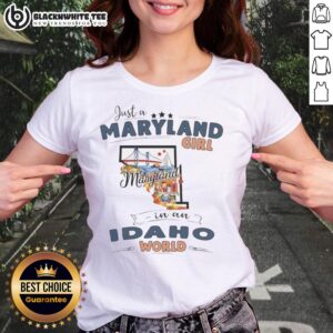 Alt Text: Awesome Maryland girl in an Idaho world tee featuring state map outline design, perfect for women's casual wear.