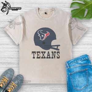Awesome Houston Texans football logo on a big helmet graphic on a washed t-shirt design for fans.
