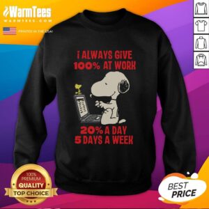 Alt Text: Funny Snoopy sweatshirt with 'I Always Give 100% at Work' slogan, perfect for casual wear and work motivation.