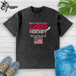 Premium red, white, blue, and gold USA Hockey t-shirt for the 2026 Winter Olympics, featuring a stylish washed design.