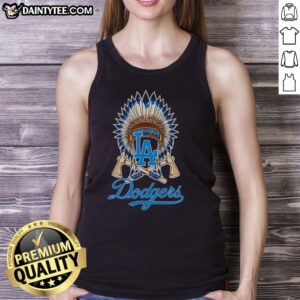 Alt Text: Stylish Los Angeles Dodgers Native American hat logo tank top, perfect for baseball fans and summer casual wear.