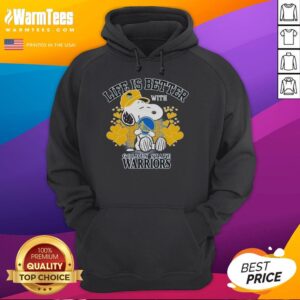 Cute Snoopy wearing a Golden State Warriors hoodie, showcasing the logo with the phrase 'Life is Better with Golden State Warriors.'