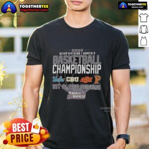 2026 NCAA DI Women's Basketball Championship T-shirt featuring UCLA, CBU, OSU, and Princeton Tigers logos.