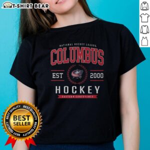 Awesome Columbus Blue Jackets Hockey Legacy Crest Ladies Tee featuring vibrant team colors and stylish design.