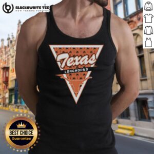 Alt Text: Hot Texas Longhorns logo with palm tree pattern inside a triangle on a stylish tank top design.