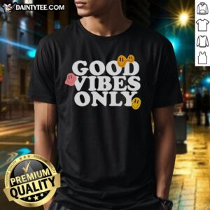 Alt Text: Good Vibes Only Smiling Face Emoji T-Shirt in bright colors, perfect for casual wear and spreading positivity.