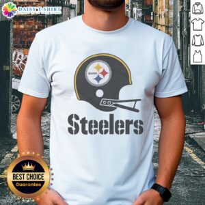 Official Pittsburgh Steelers football logo featured on a big helmet t-shirt, perfect for fans and game day attire.