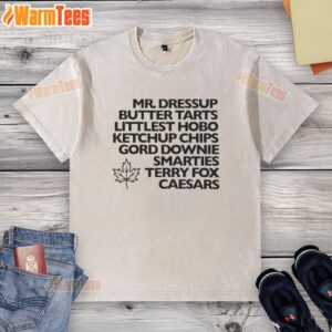 Nice Mr. Dressup butter tarts, Littlest Hobo ketchup chips, Gord Downie Smarties, and Terry Fox Caesars on a washed t-shirt.