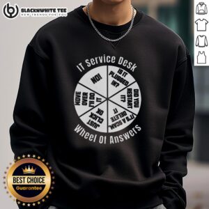 Top It Service Desk Wheel of Answer Sweatshirt featuring a unique design for tech support professionals.